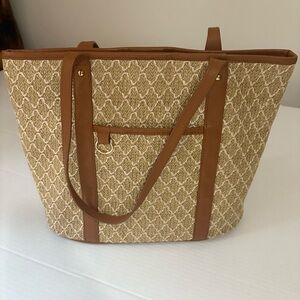 TALBOTS Tan Grass and Leather Trim Tote Bag